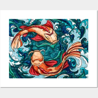 Two koi fish in blue abstract waves Posters and Art